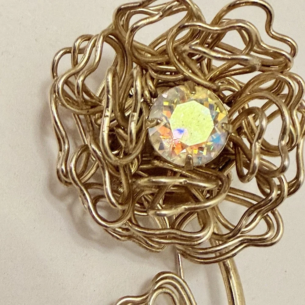Vintage Brooch MCM Flower Heart Aurora Borealis Rhinestone Fashion Gold Large 3